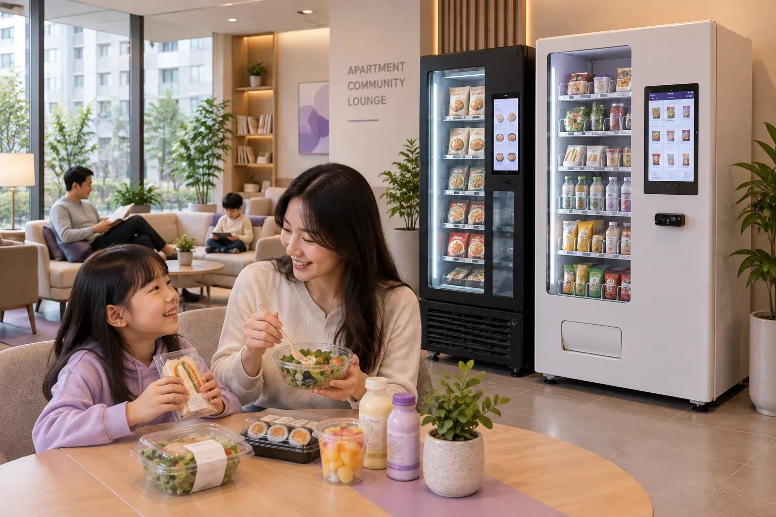 아파트·커뮤니티 환경과 관련 상품을 설명하는 AI 연출