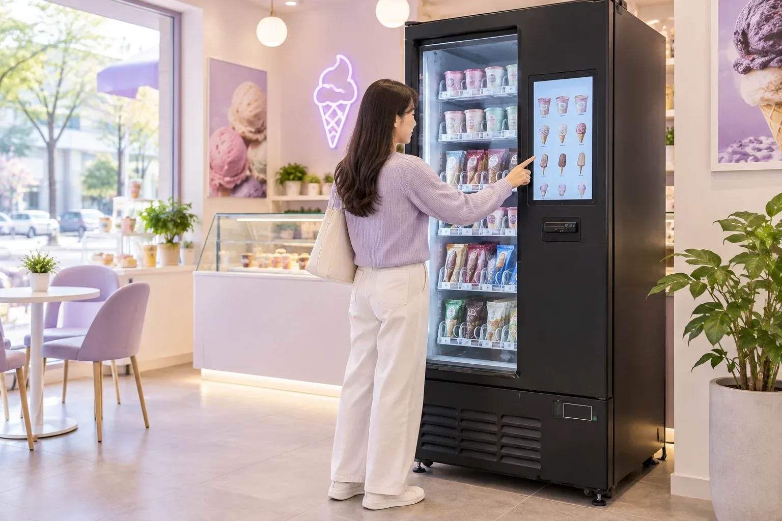 아이스크림 환경과 관련 상품을 설명하는 AI 연출