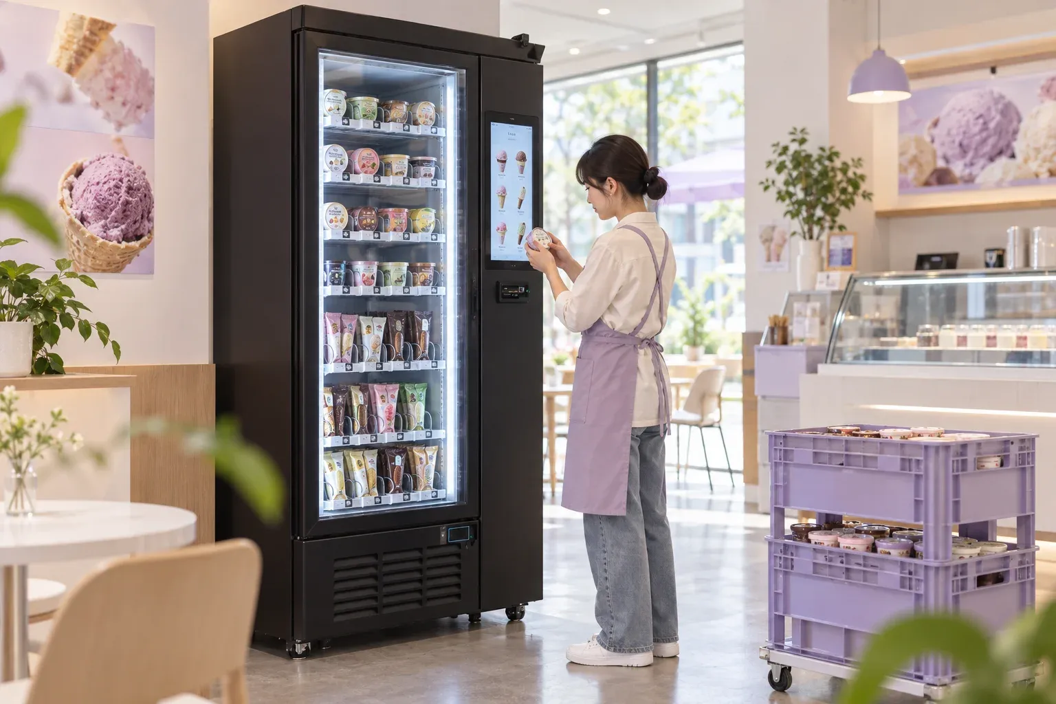 아이스크림 환경과 관련 상품을 설명하는 AI 연출
