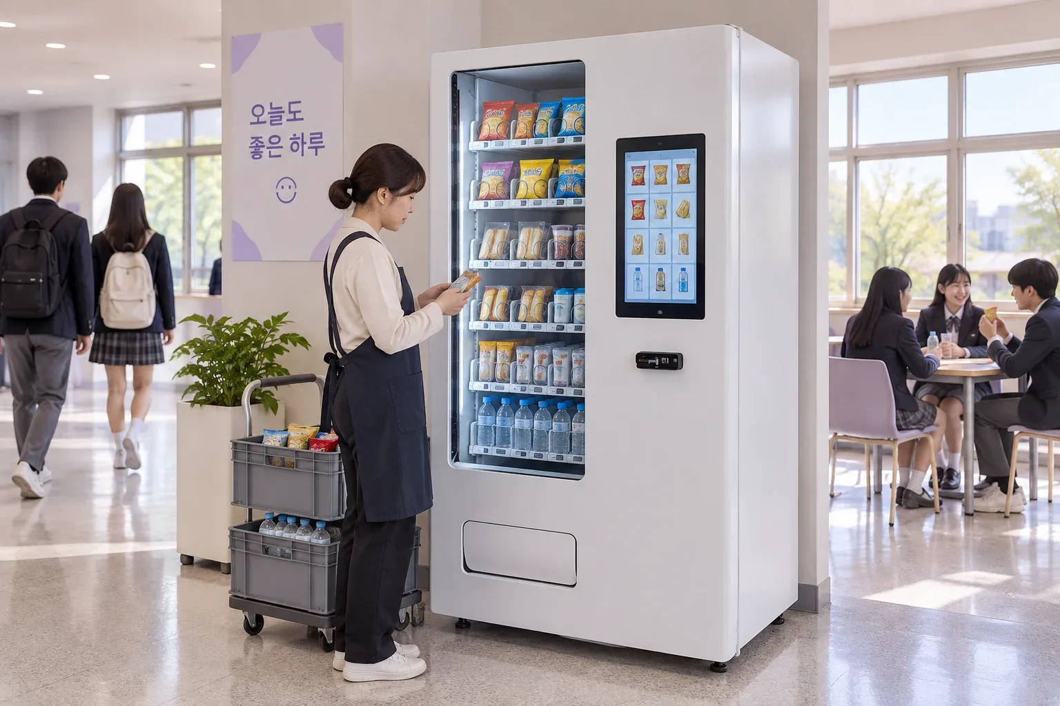 학교 환경과 관련 상품을 설명하는 AI 연출