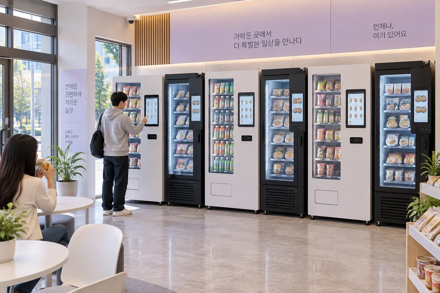 무인밴딩 편의점 환경과 관련 상품을 설명하는 AI 연출